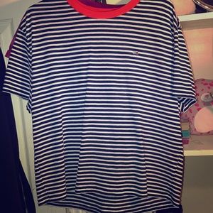 Tommy crop with blue and white stripes